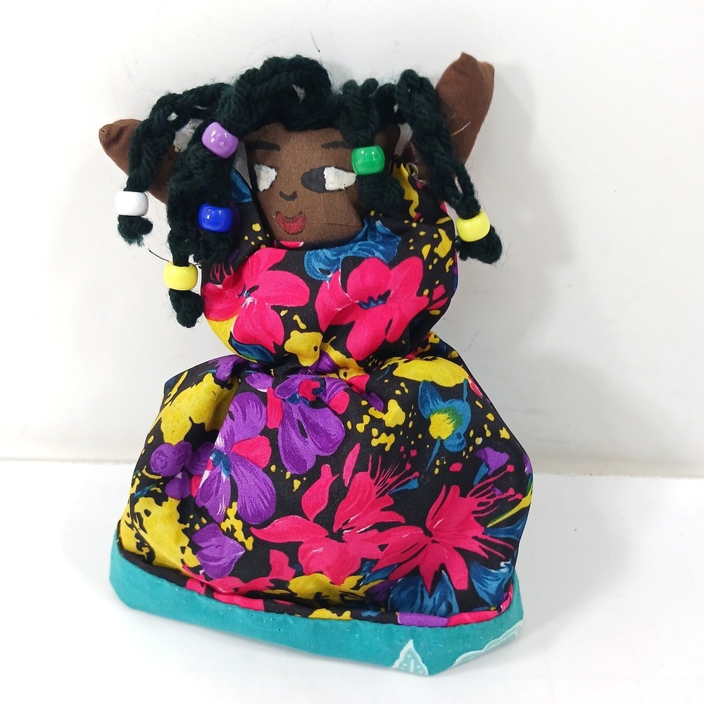 Vintage Handmade Topsy Turvy Flip Doll 2-in-1 Floral Teal Fabric Folk Art 7"